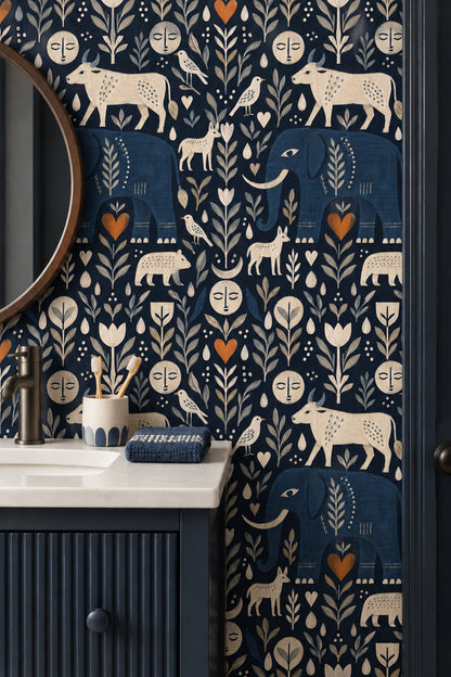 Blue Elephant And Cow Wallpaper In Dark Navy Folk Art Style