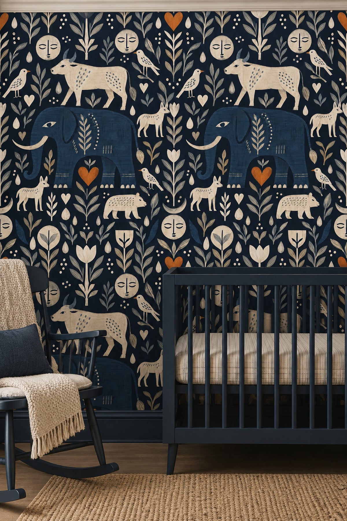 Blue Elephant And Cow Wallpaper In Dark Navy Folk Art Style