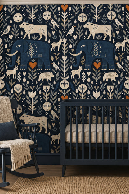Blue Elephant And Cow Wallpaper In Dark Navy Folk Art Style