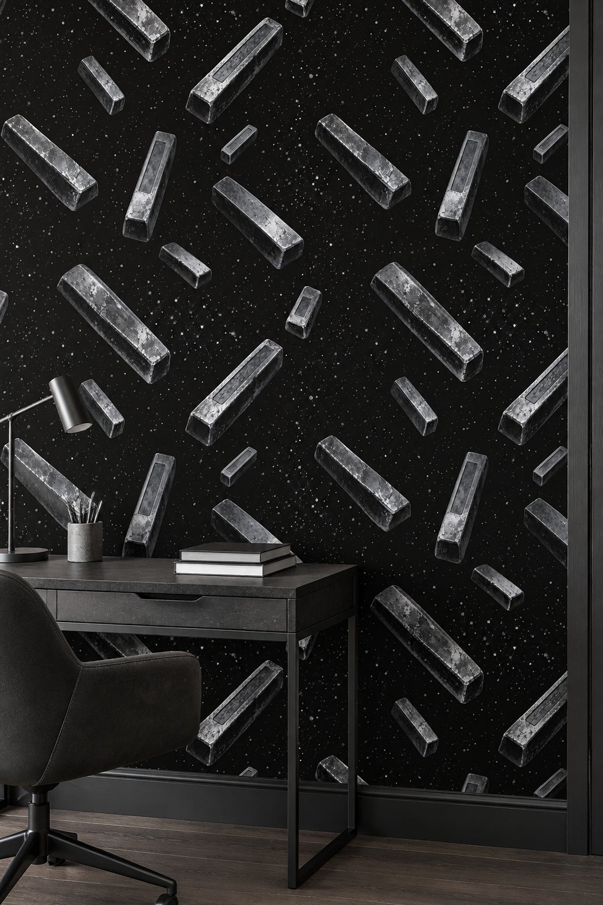 Floating Metallic Blocks Wallpaper Silver Gray On Black