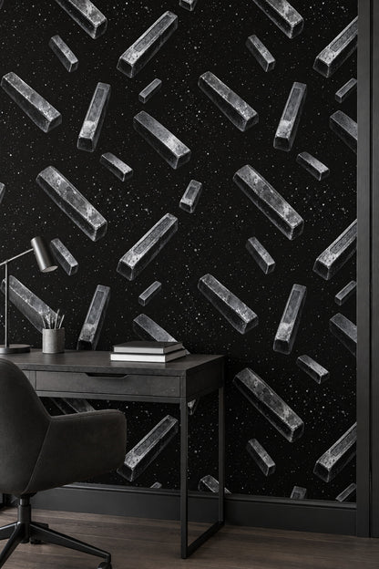 Floating Metallic Blocks Wallpaper Silver Gray On Black