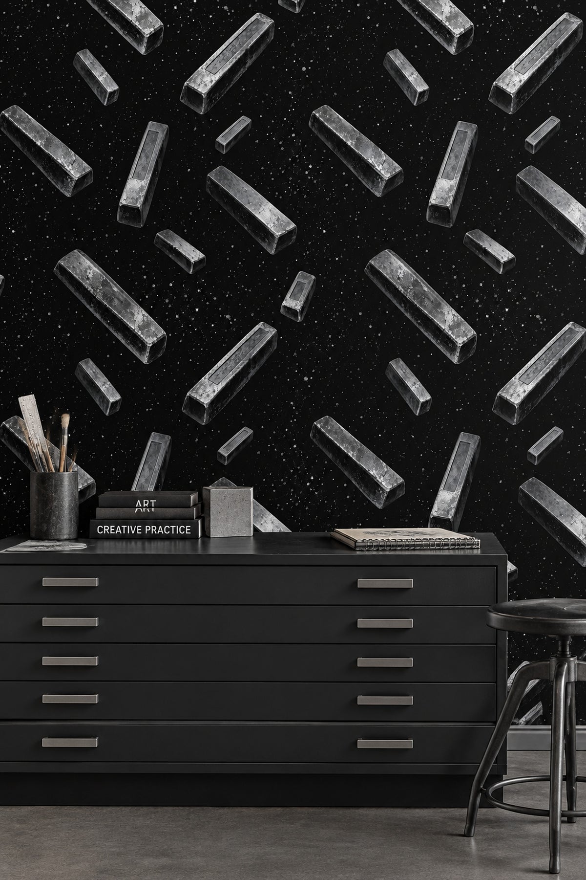 Floating Metallic Blocks Wallpaper Silver Gray On Black