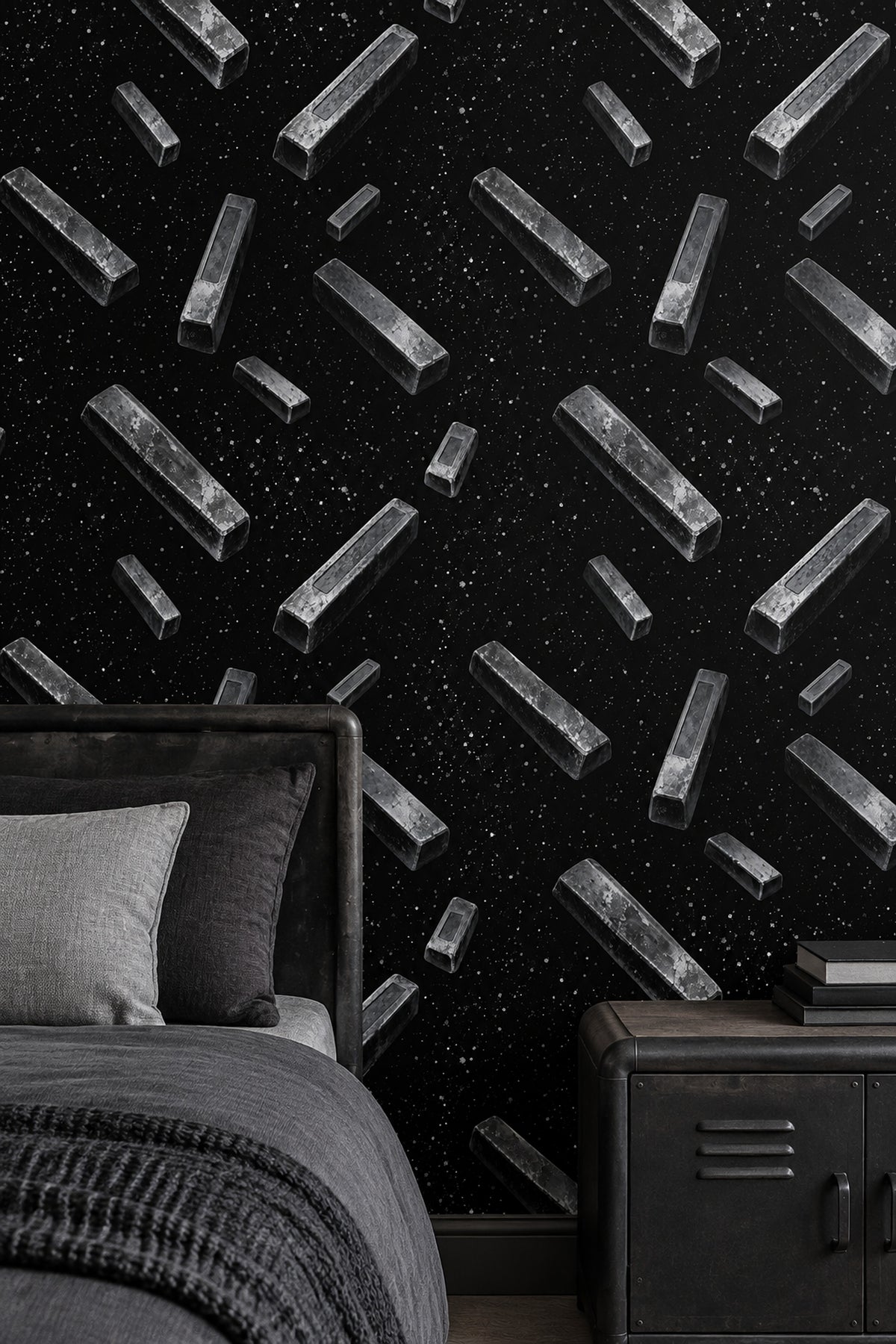 Floating Metallic Blocks Wallpaper Silver Gray On Black