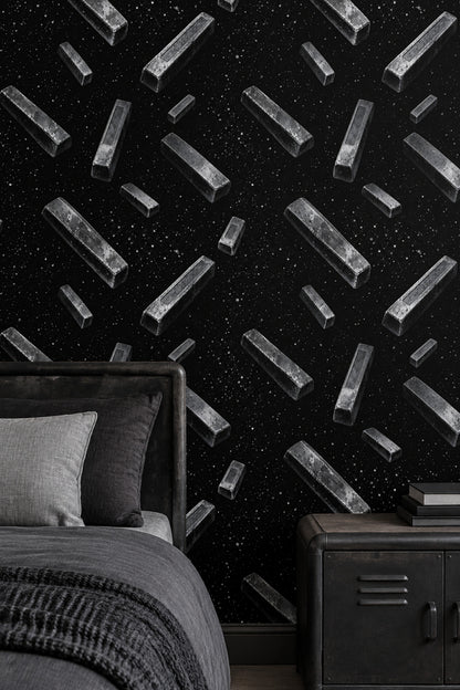 Floating Metallic Blocks Wallpaper Silver Gray On Black