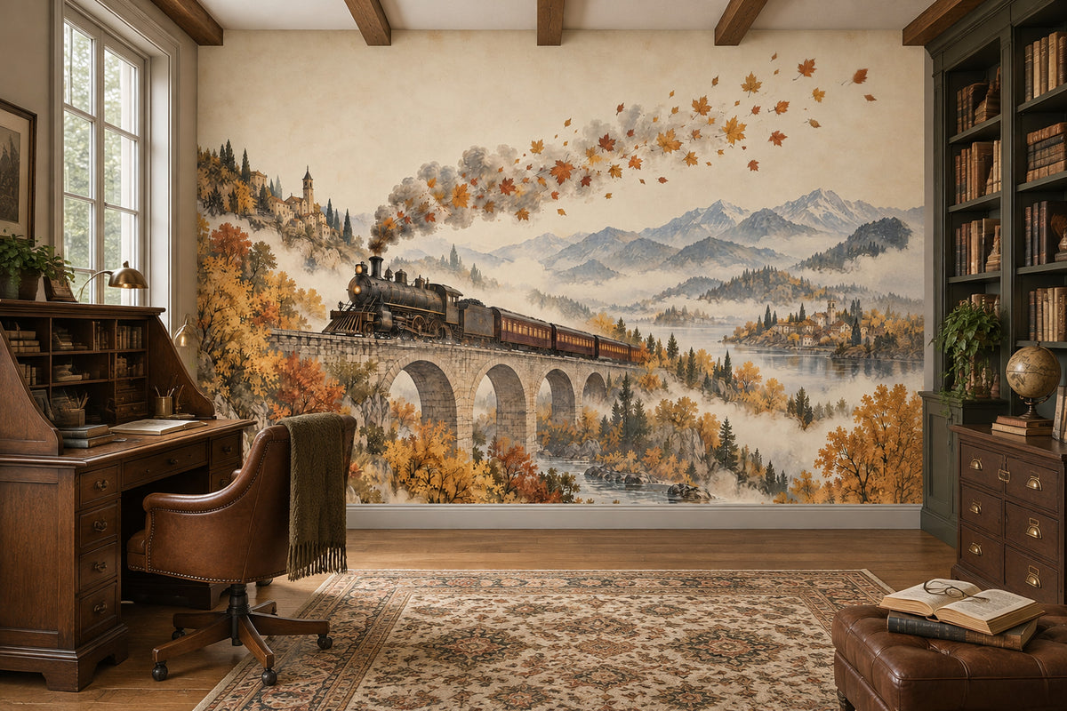 Autumn Steam Train Wallpaper Stone Viaduct Wall Mural