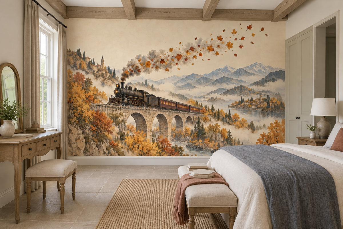 Autumn Steam Train Wallpaper Stone Viaduct Wall Mural