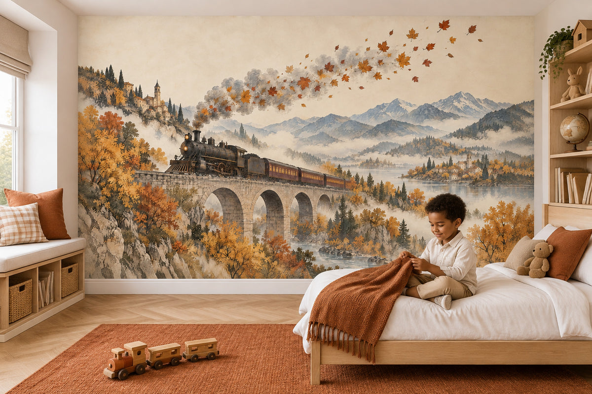 Autumn Steam Train Wallpaper Stone Viaduct Wall Mural