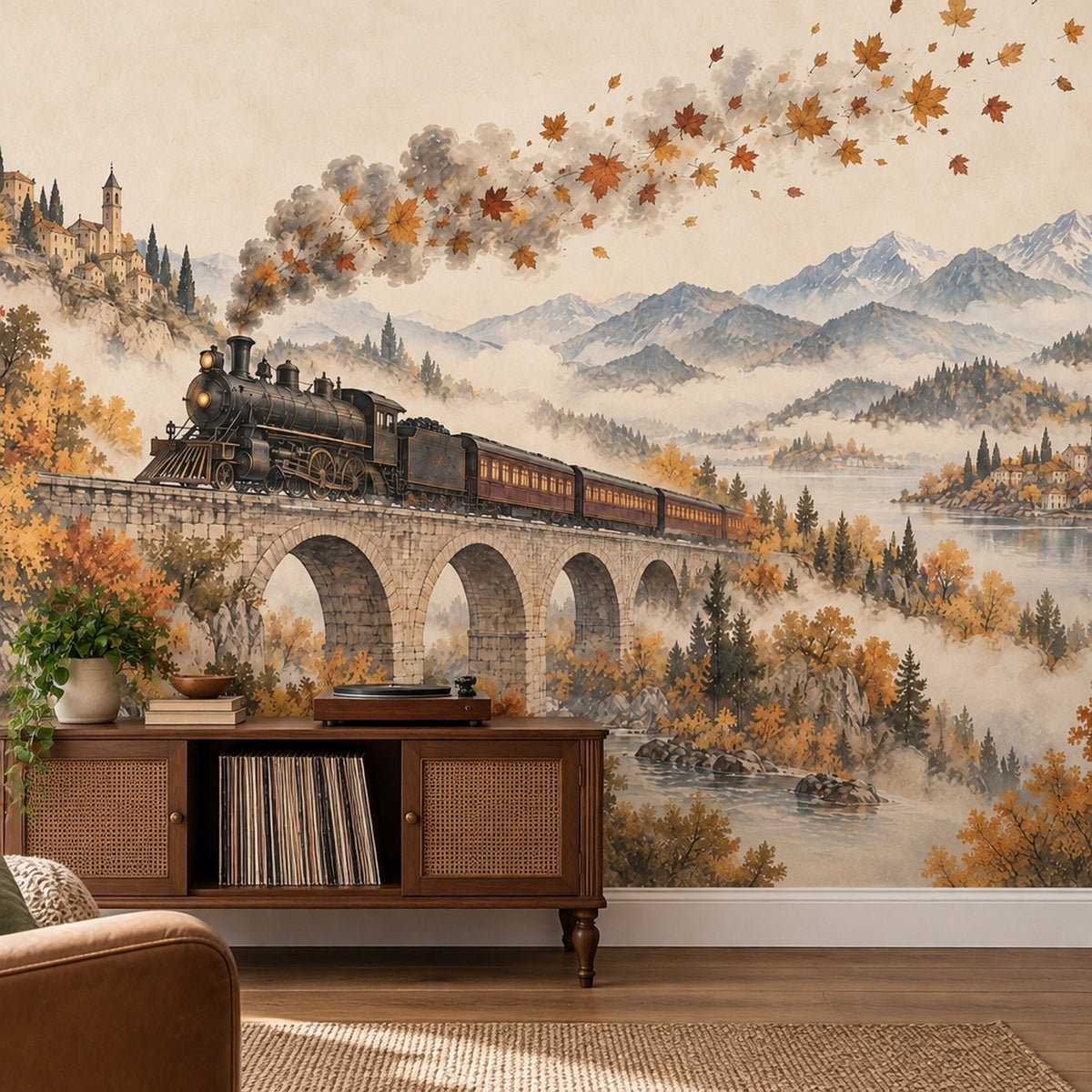 Autumn Steam Train Wallpaper Stone Viaduct Wall Mural