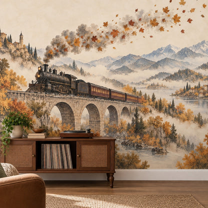 Autumn Steam Train Wallpaper Stone Viaduct Wall Mural