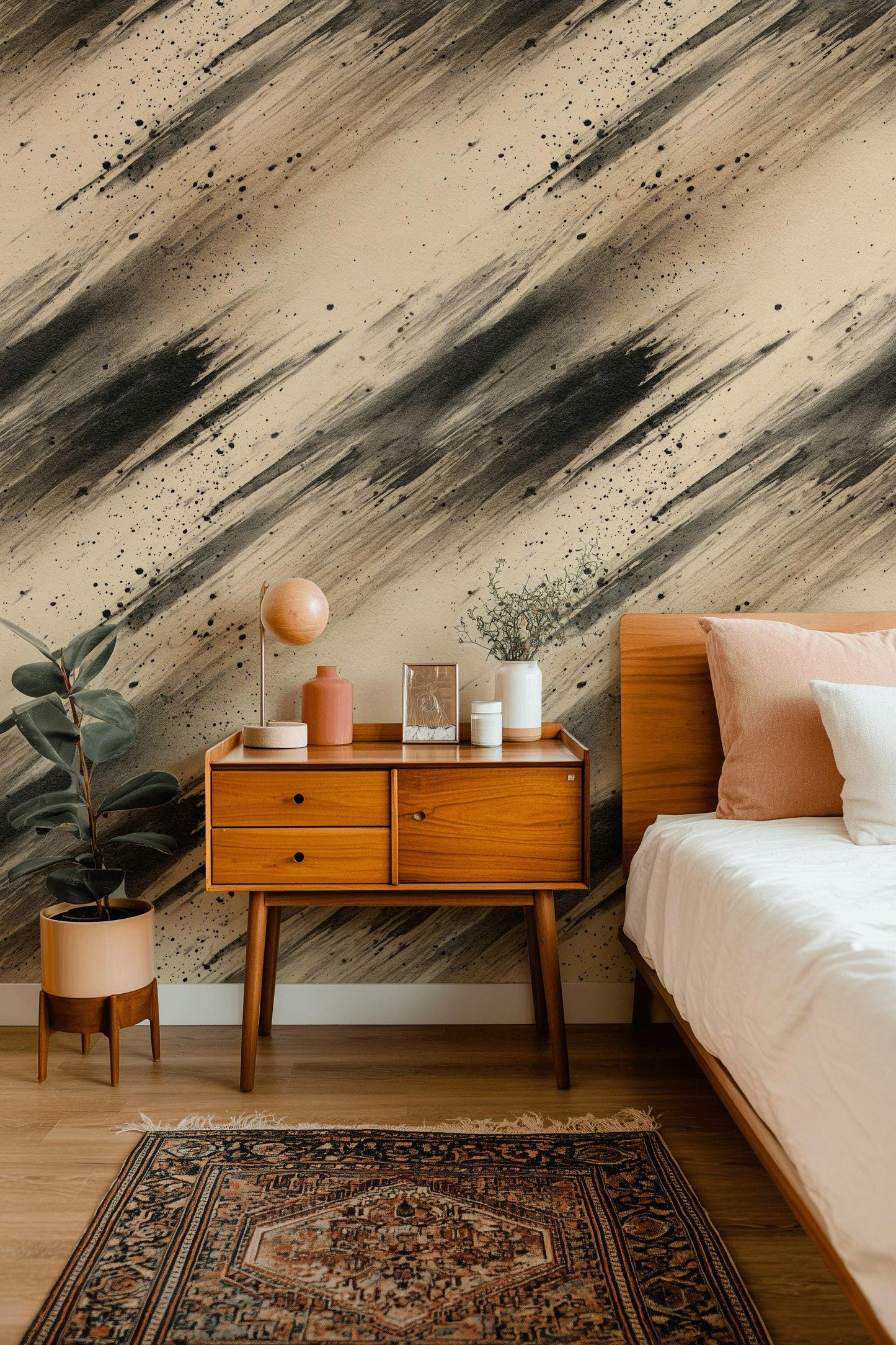 Abstract Ink Splatter Wallpaper: Black Beige Brushstrokes, Peel & Stick Mural