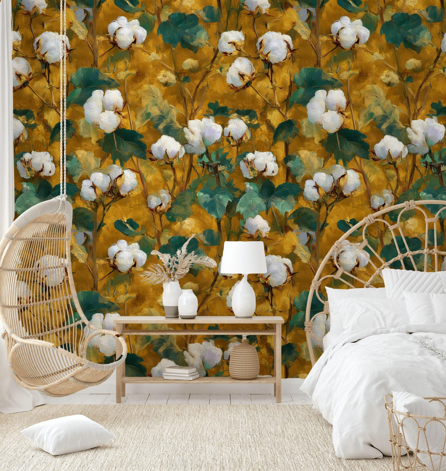 Rustic Cotton Plant Wallpaper | Farmhouse Botanical Wall Mural | Yellow Peel and Stick Decor