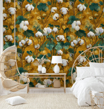 Rustic Cotton Plant Wallpaper | Farmhouse Botanical Wall Mural | Yellow Peel and Stick Decor