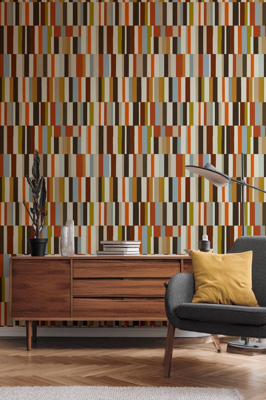 Mid-Century Modern Wallpaper, Retro Color Blocks Vertical Stripe Mural, Peel & Stick or Unpasted Panel