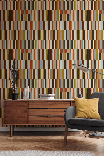 Mid-Century Modern Wallpaper, Retro Color Blocks Vertical Stripe Mural, Peel & Stick or Unpasted Panel