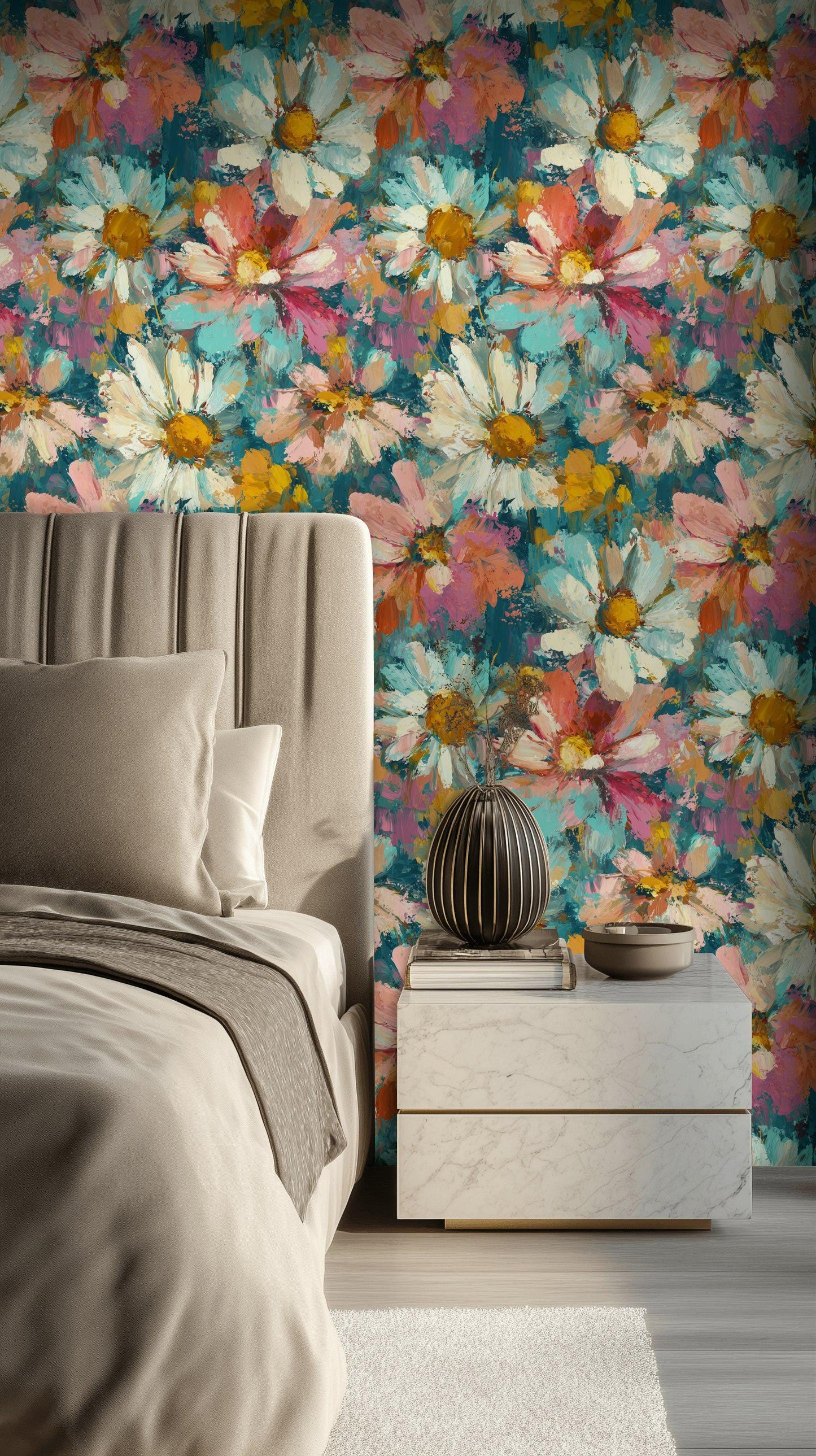 Impressionist Daisy Wallpaper Mural: Vibrant Floral Peel and Stick Art