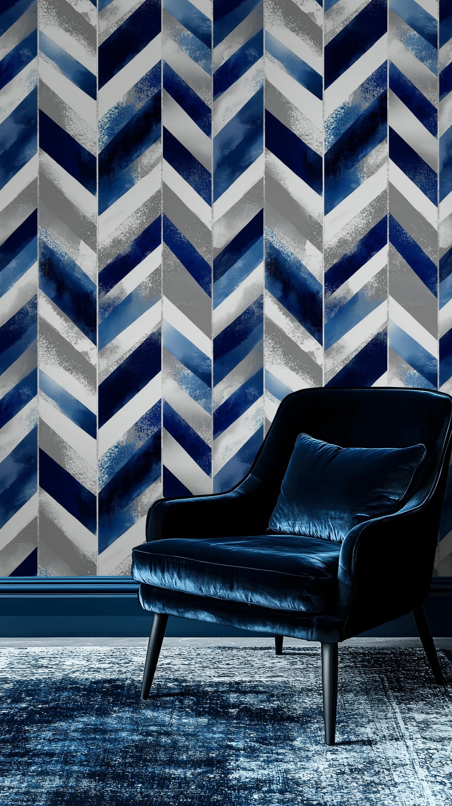 Abstract Blue Gray Chevron Wallpaper | Modern Geometric Wall Mural | Indigo Peel and Stick Decor