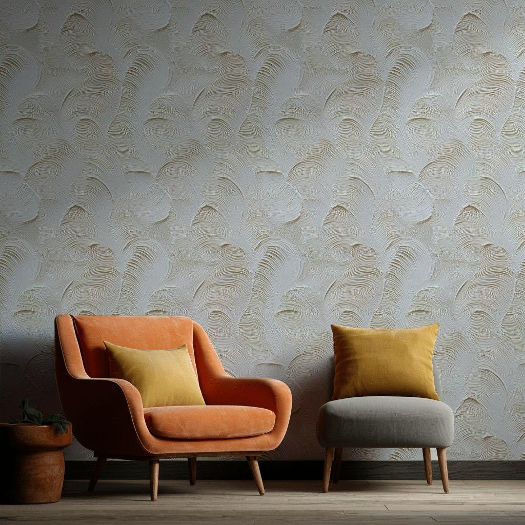 Artisan Faux Stucco Wallpaper, Off-White Fan Texture Peel & Stick Mural, Minimalist Vertical Panel