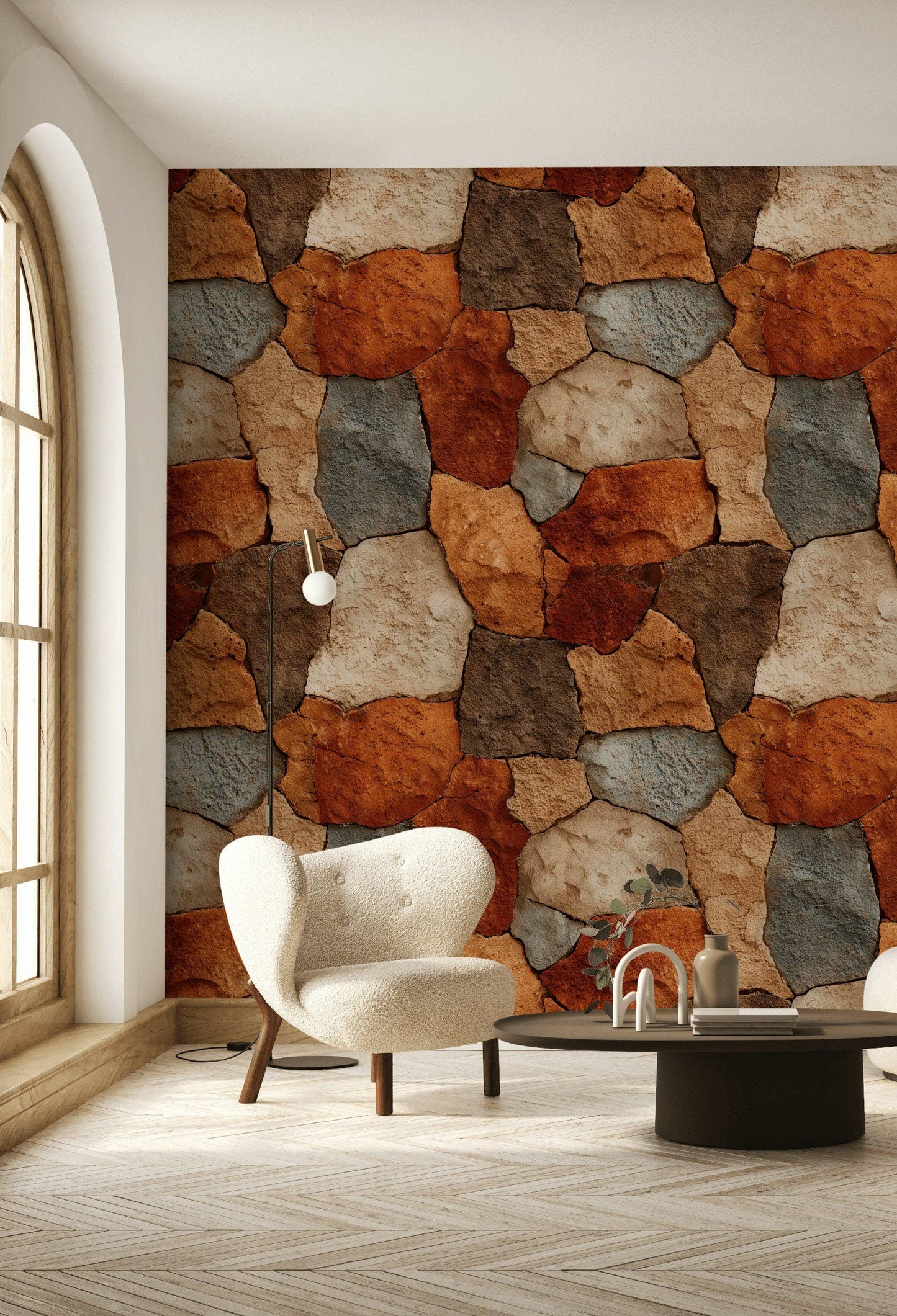Rustic Stone Wall Wallpaper | Natural Stacked Rock Mural | Faux Stone Peel and Stick Decor