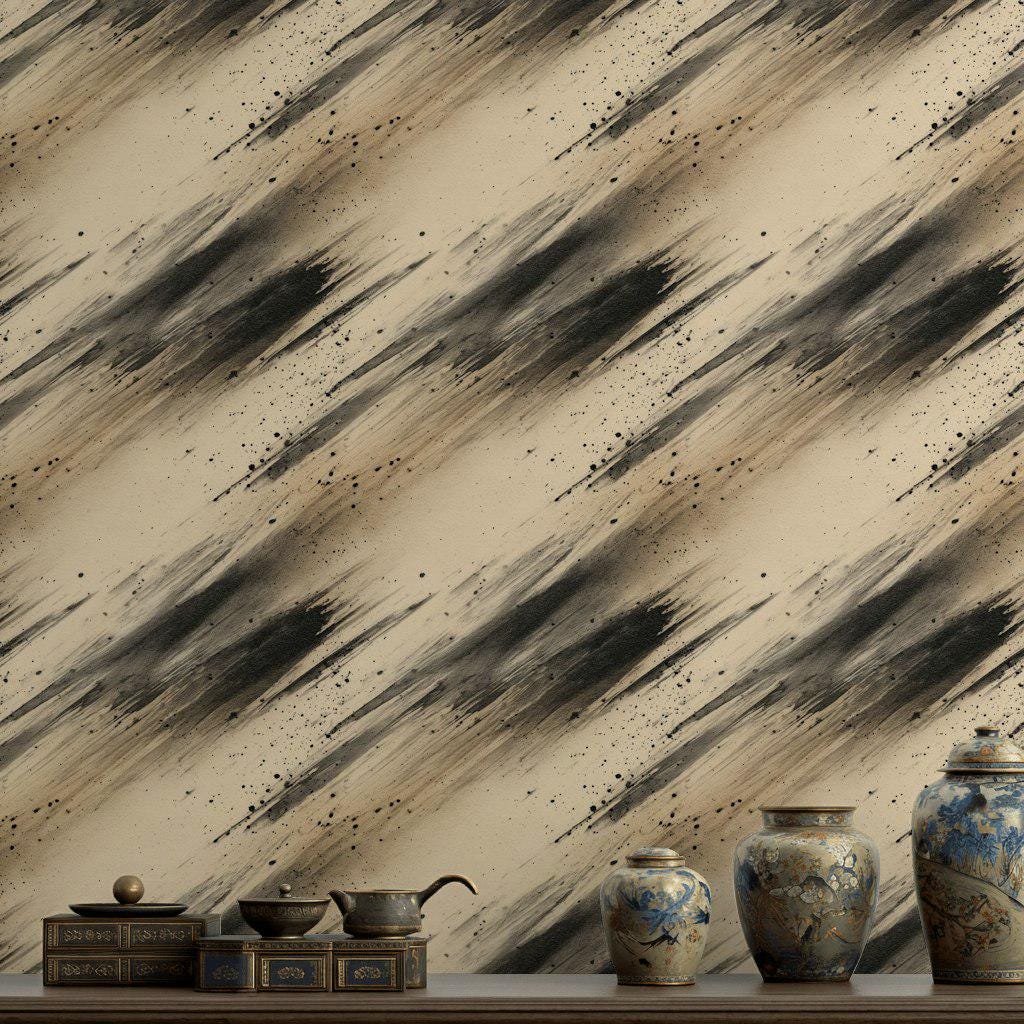 Abstract Ink Splatter Wallpaper: Black Beige Brushstrokes, Peel & Stick Mural