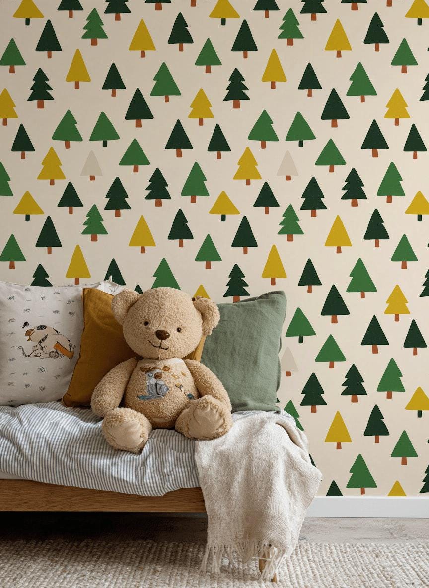Scandi Pine Tree Wallpaper: Neutral Nursery Peel and Stick Mural