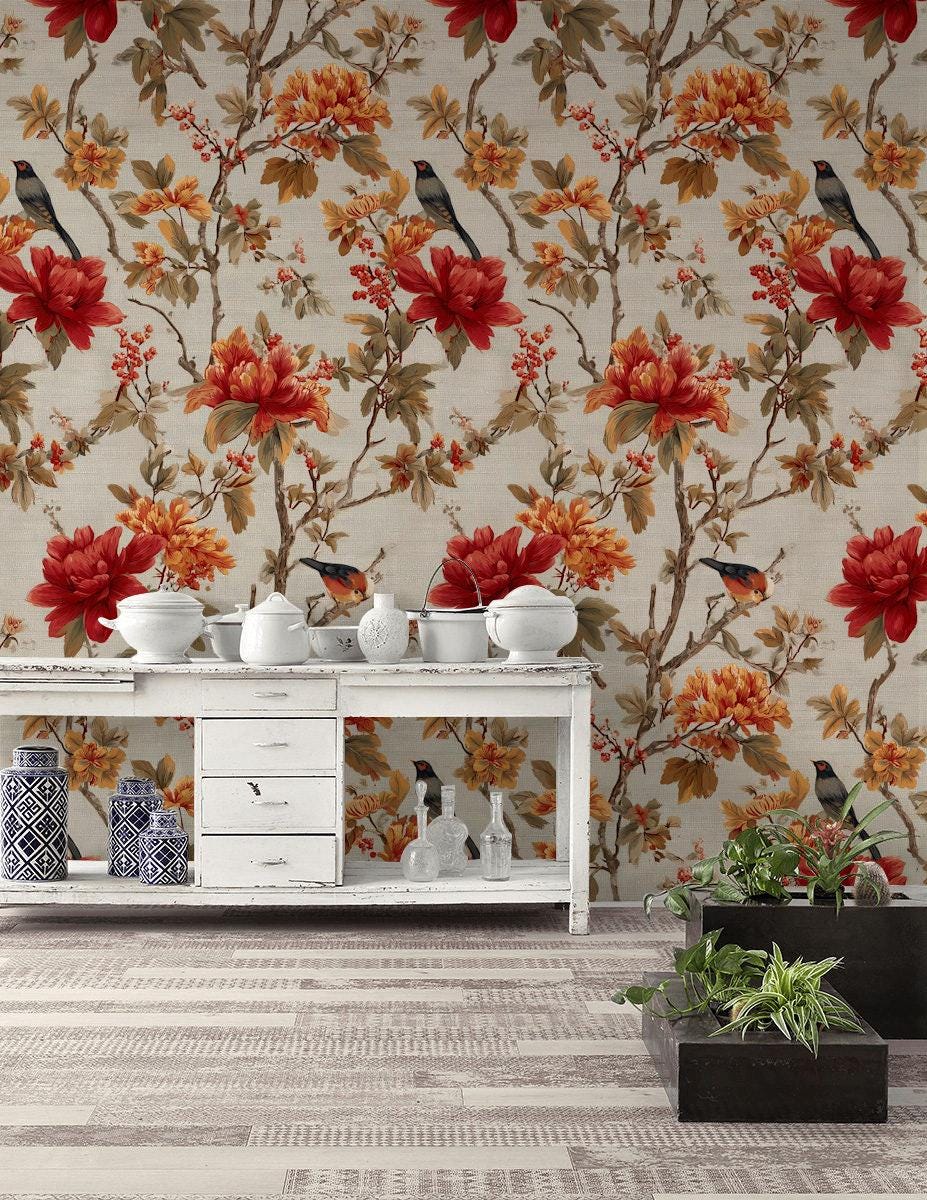 Chinoiserie Peel and Stick Wallpaper Mural: Bird & Floral Wall Decor