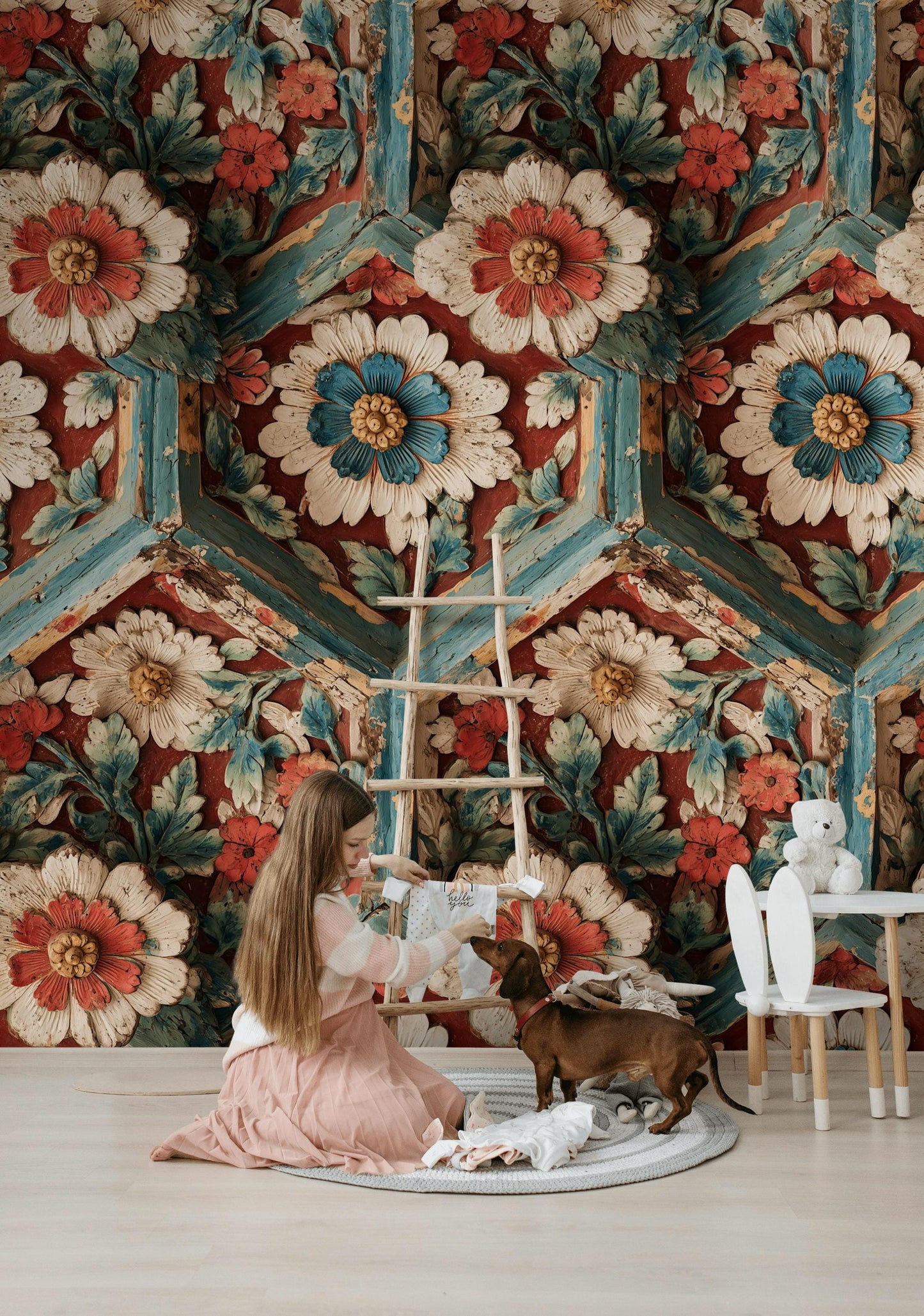 Faux Carved Wood Wallpaper: 3D Floral Peel and Stick Wall Mural