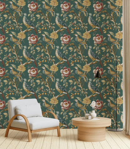 Chinoiserie Bird Wallpaper: Dark Green Floral Peel and Stick Mural