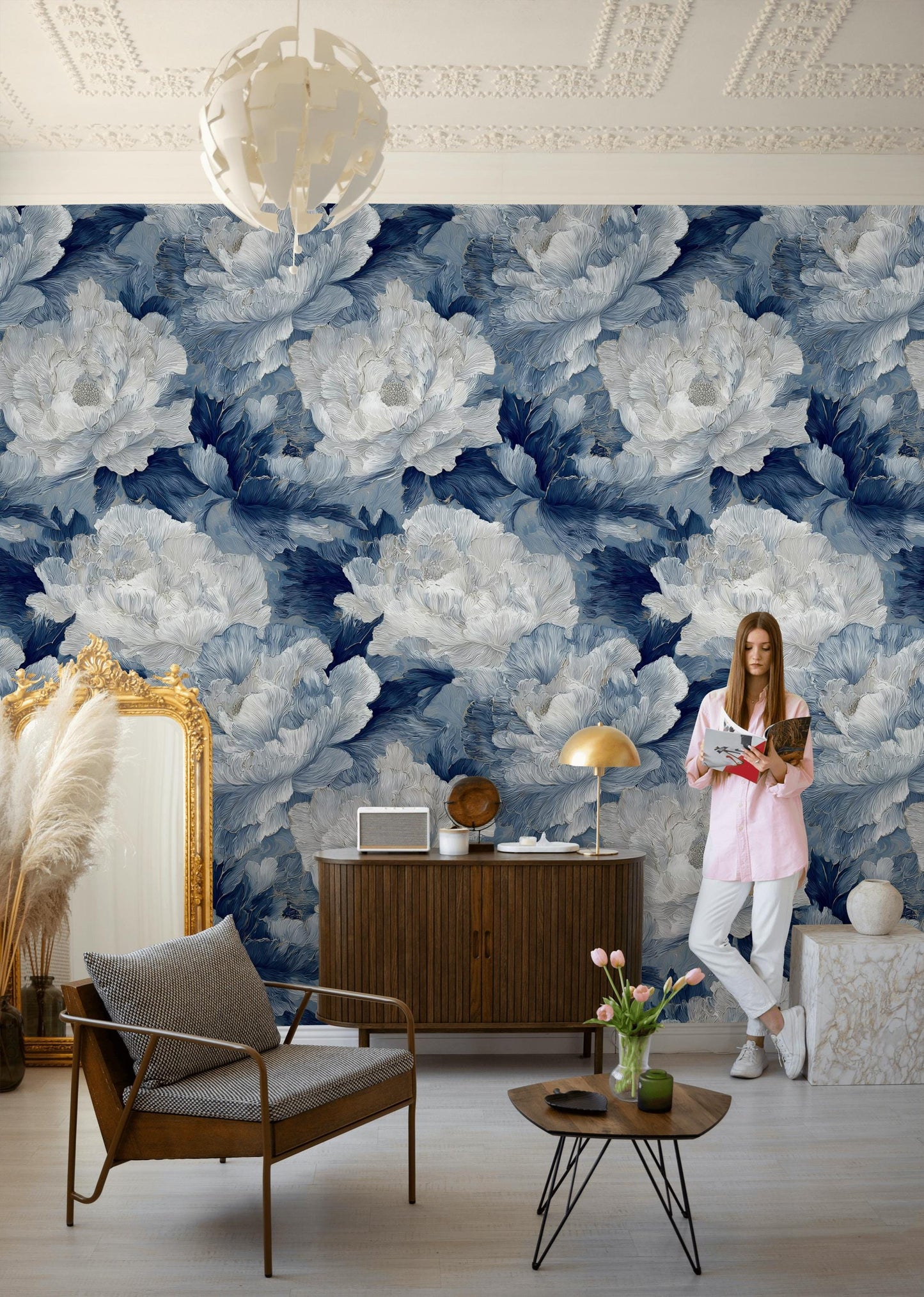 Textured Blue Floral Wallpaper, Modern Botanical Wall Mural, Peony Peel and Stick Decor