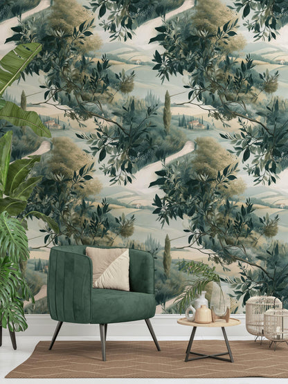 Tuscan Landscape Wallpaper | Olive Tree Wall Mural | Italian Countryside Peel and Stick Decor