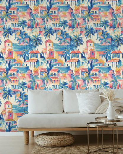 Watercolor Mediterranean Village Peel and Stick Wallpaper | Coastal Town Wall Mural Removable Seaside Decor