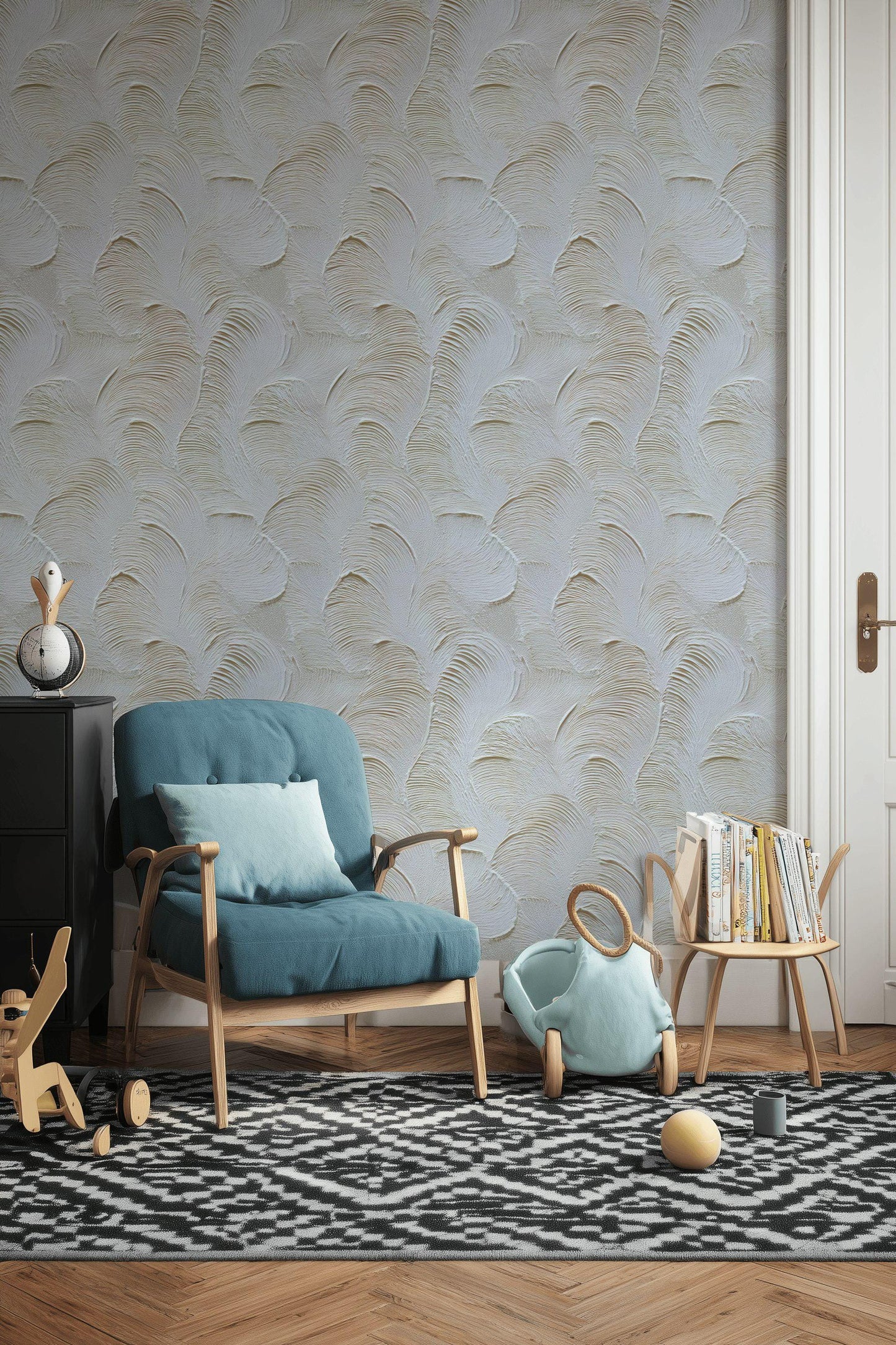 Artisan Faux Stucco Wallpaper, Off-White Fan Texture Peel & Stick Mural, Minimalist Vertical Panel