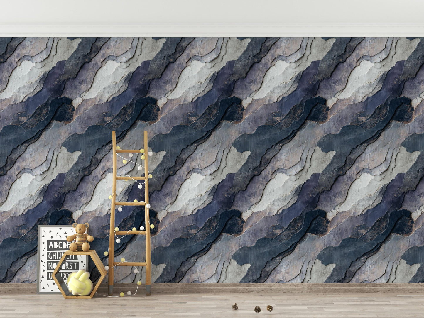 Navy Blue Stone Texture Wallpaper: Layered Abstract Peel and Stick Wall Mural