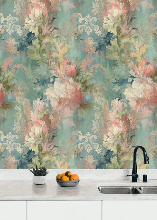 Vintage Floral Watercolor Wallpaper | Distressed Botanical Wall Mural | Shabby Chic Peel and Stick Decor
