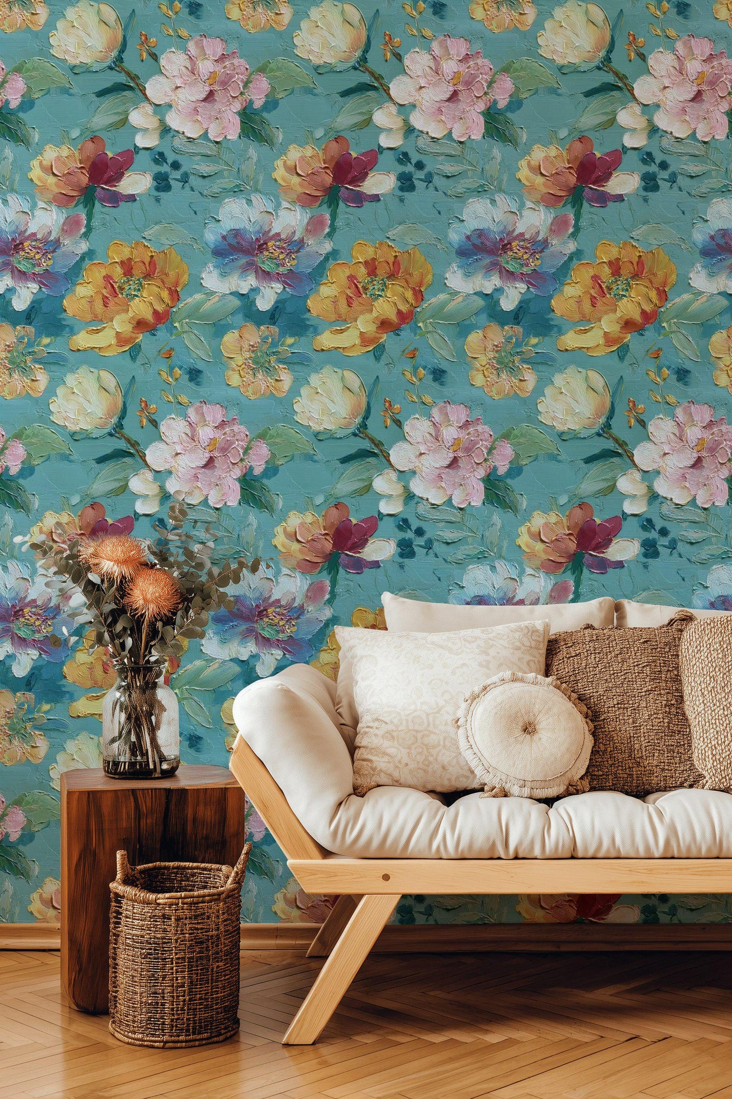 Textured Floral Wallpaper, Impasto Style Wall Mural, Turquoise and Pink Peel and Stick Art
