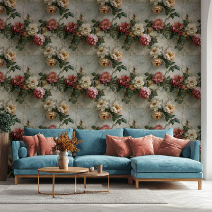 Rose Mural Wallpaper: Shabby Chic Crackle Effect (Peel & Stick)
