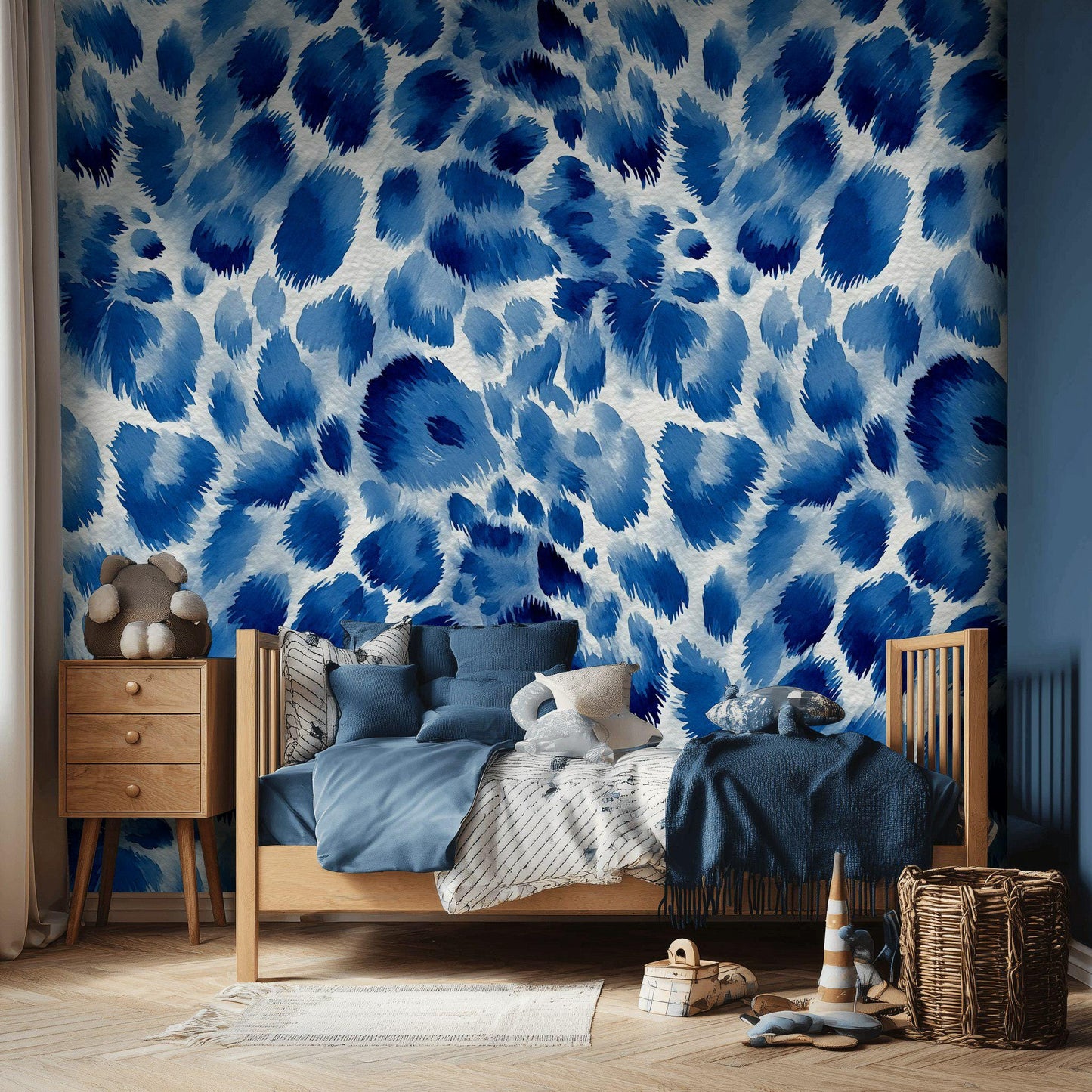 Bold Blue Animal Print Wallpaper, Watercolor Cheetah Wall Mural, Cobalt Peel and Stick Deco