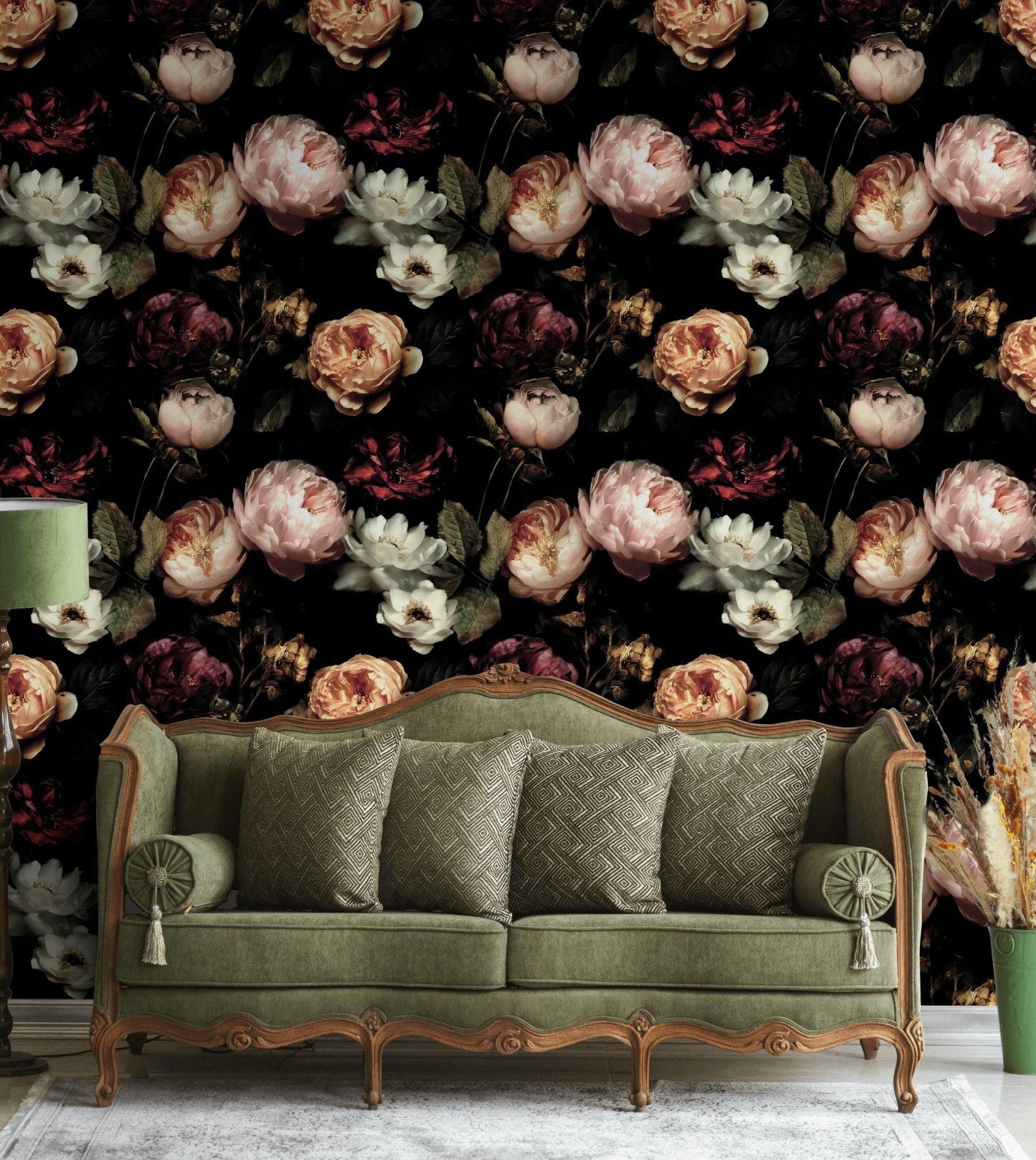 Dark Floral Wallpaper, Gothic Peony Rose Vertical Mural, Black Background Peel & Stick or Unpasted Panel