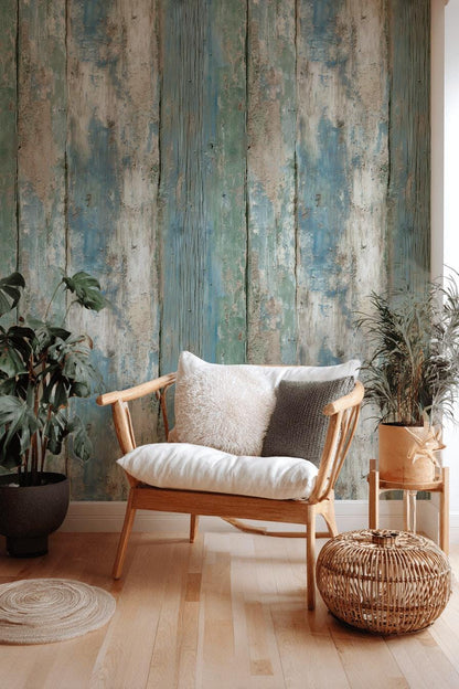 Coastal Blue Wood Plank Wallpaper: Shabby Chic Peel and Stick Mural