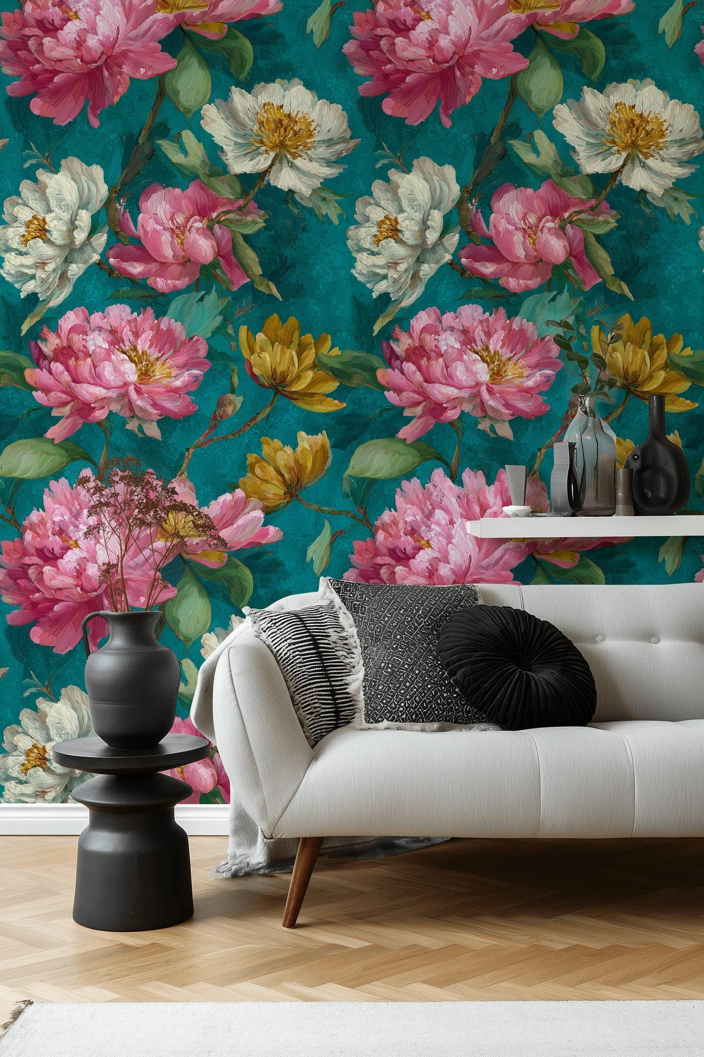 Impasto Peony Wallpaper Mural: Turquoise & Pink Floral Peel and Stick Art