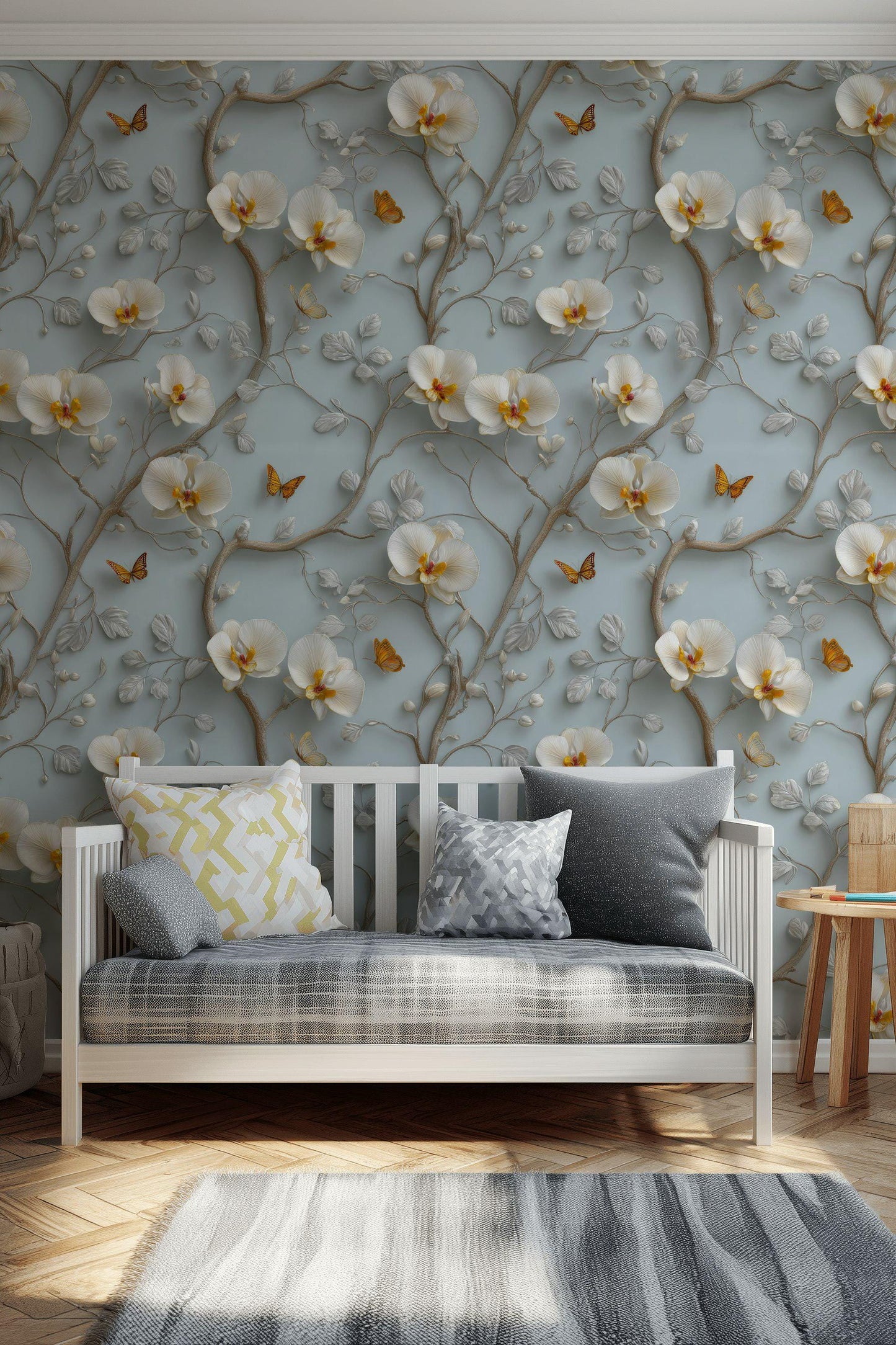 3D Orchid Wallpaper: Blue & White Butterfly Wall Mural - Peel and Stick