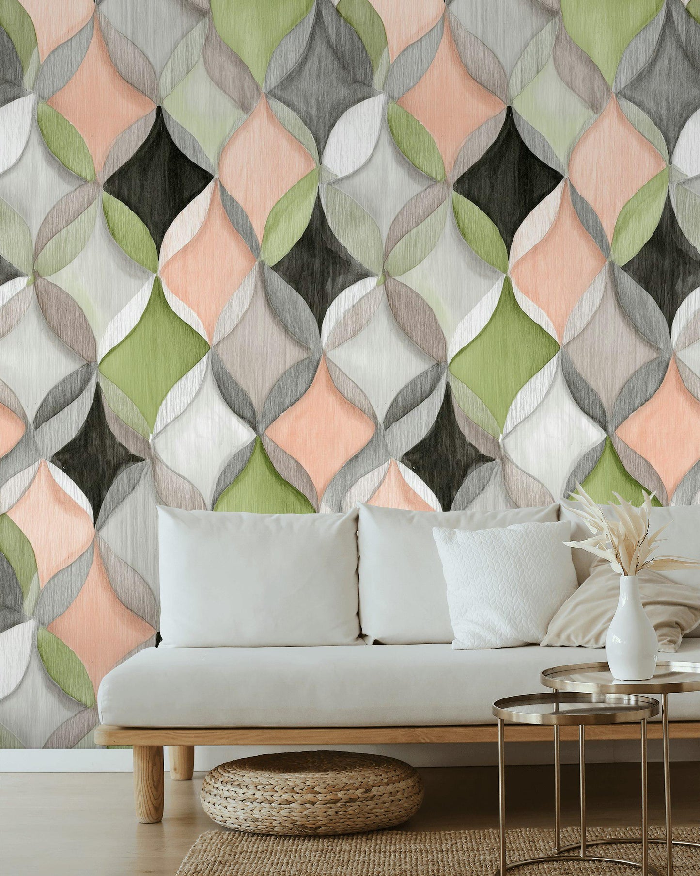 Abstract Geometric Ogee Wallpaper | Modern Interlocking Pattern Wall Mural | Pastel Peel and Stick Decor