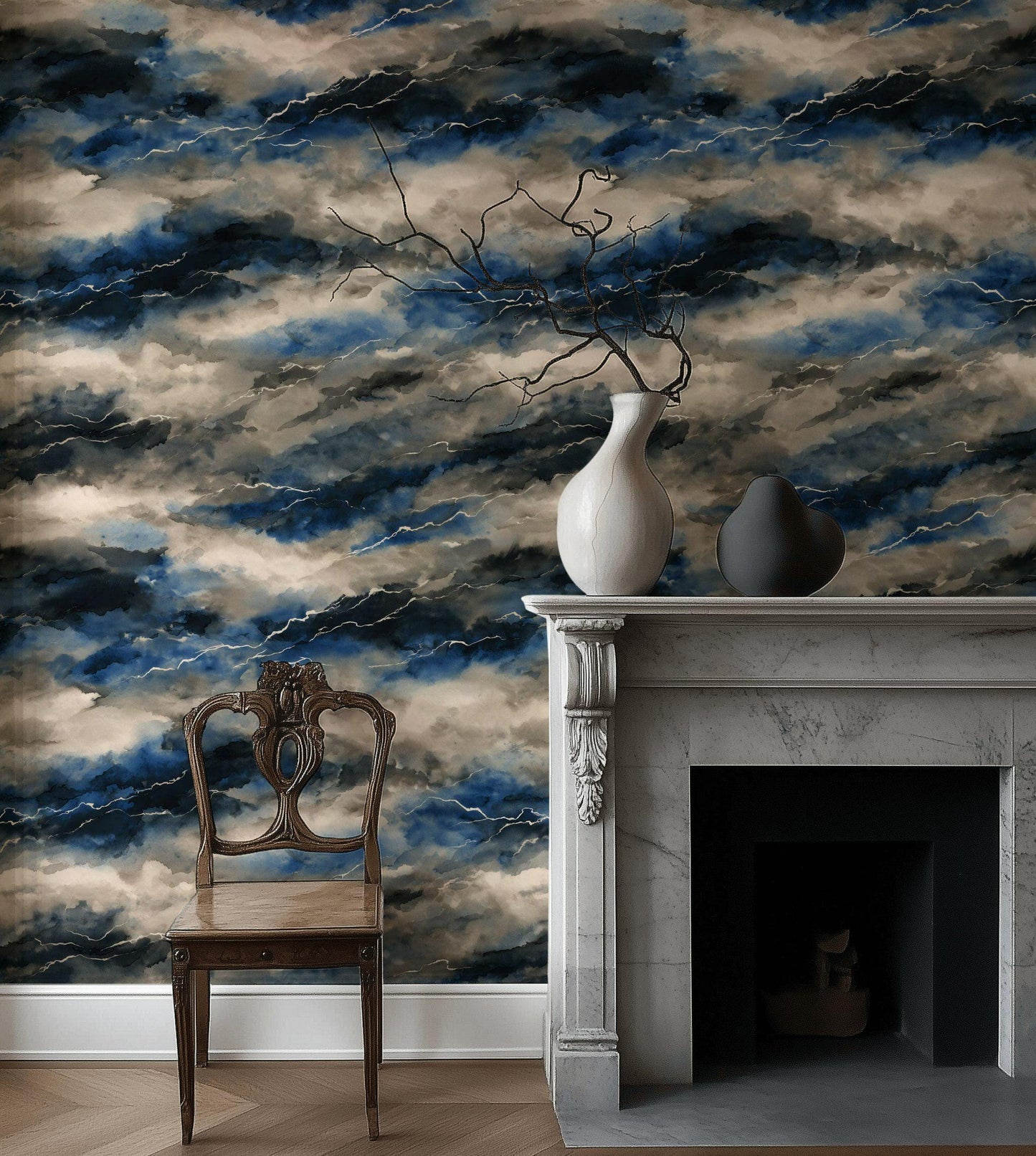 Abstract Stormy Sky Wallpaper: Modern Blue Gray Peel and Stick Wall Mural