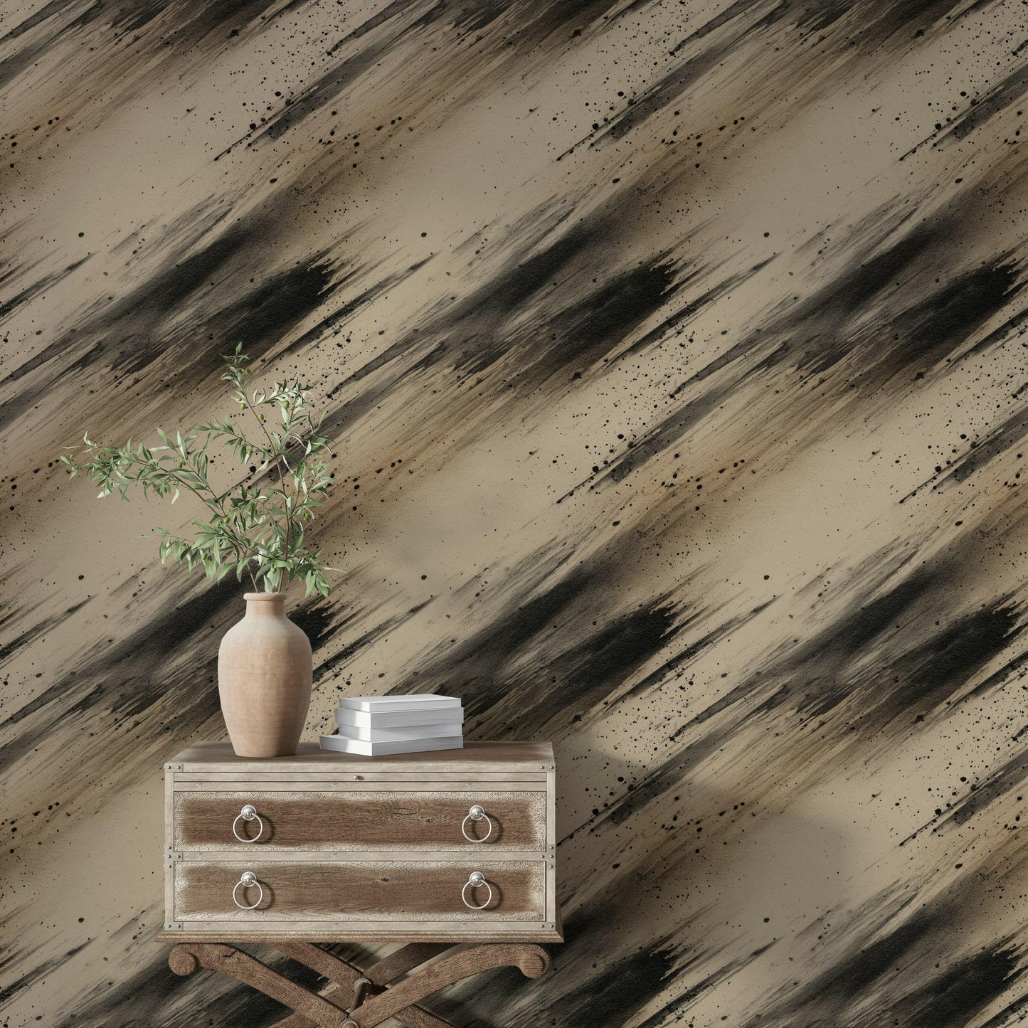 Abstract Ink Splatter Wallpaper: Black Beige Brushstrokes, Peel & Stick Mural