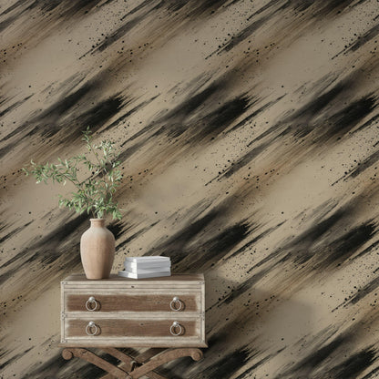 Abstract Ink Splatter Wallpaper: Black Beige Brushstrokes, Peel & Stick Mural