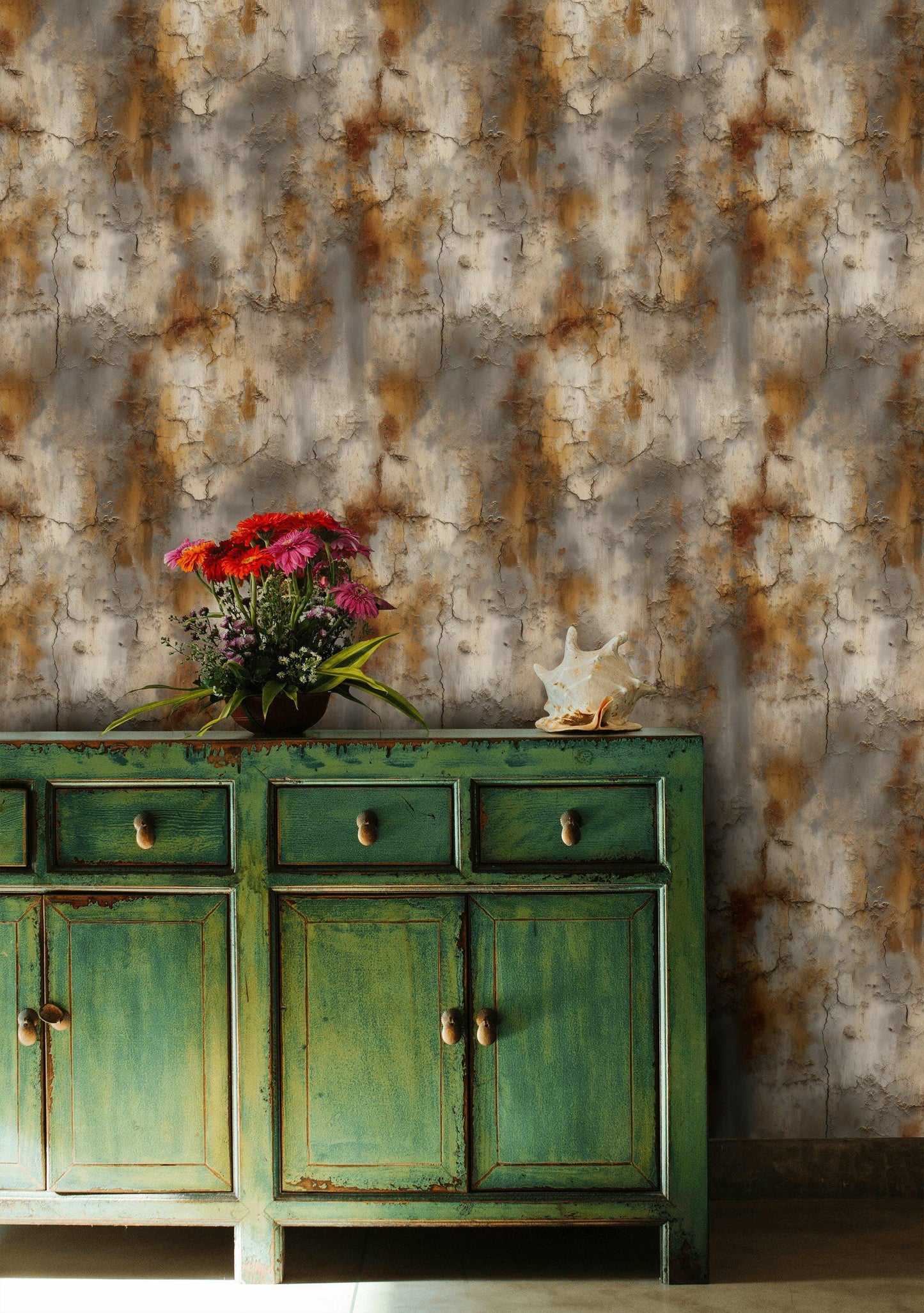 Cracked Terracotta Wallpaper Mural | Distressed Rustic Plaster Texture | Industrial Peel and Stick Wall Decor