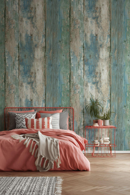 Coastal Blue Wood Plank Wallpaper: Shabby Chic Peel and Stick Mural