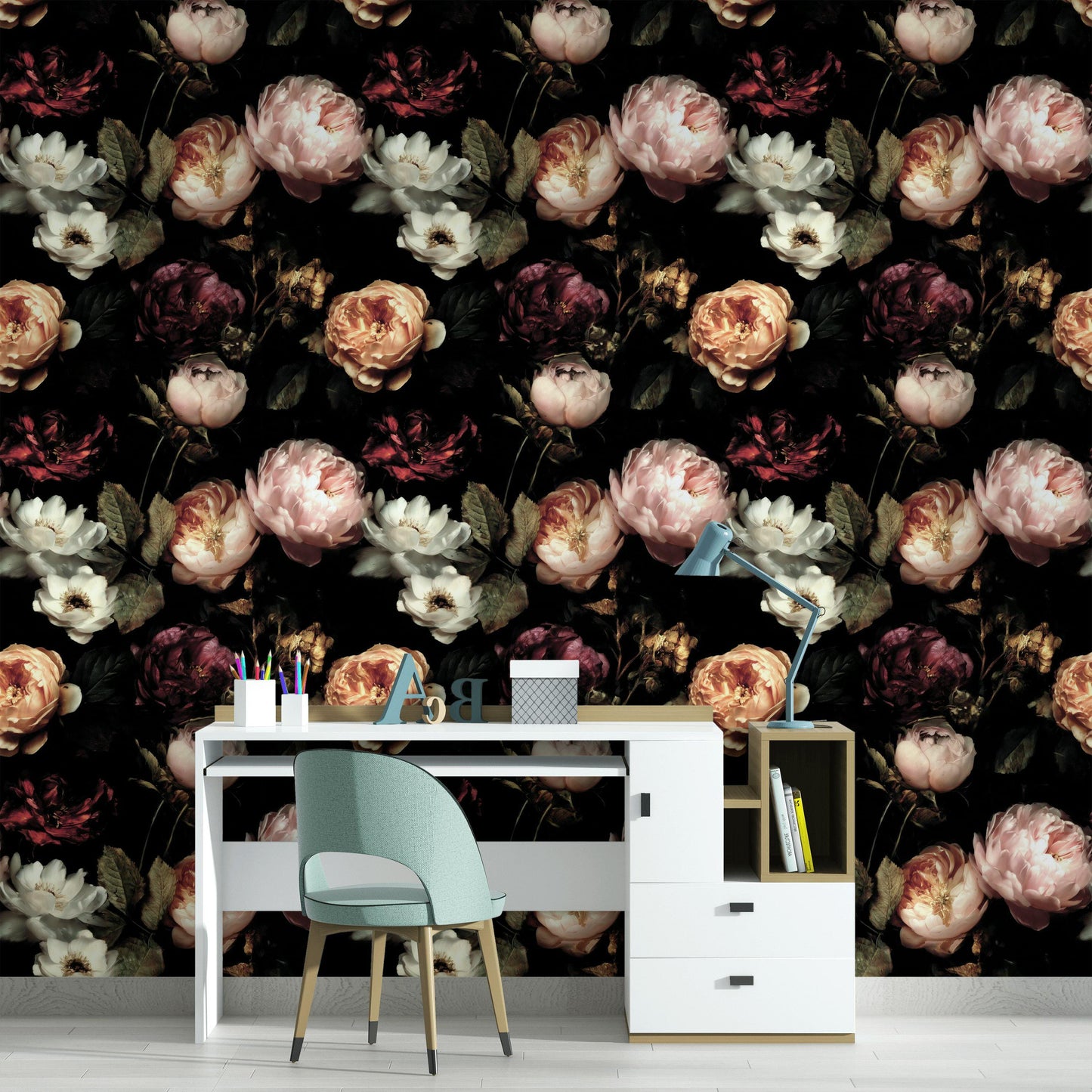 Dark Floral Wallpaper, Gothic Peony Rose Vertical Mural, Black Background Peel & Stick or Unpasted Panel