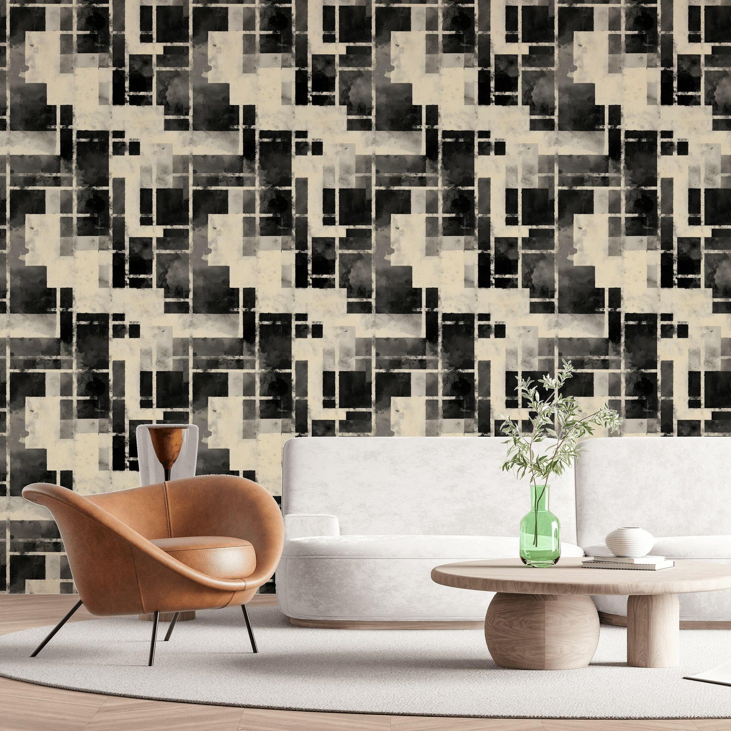 Monochrome Bauhaus Wallpaper: Abstract Watercolor Grid, Peel & Stick Mural