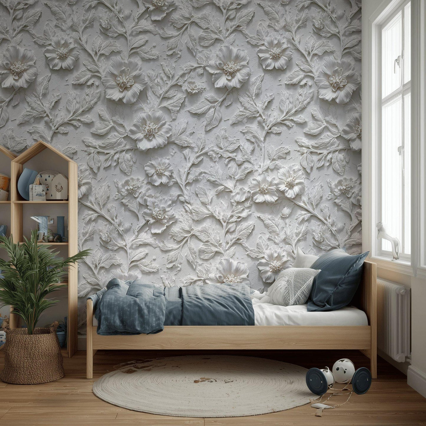 Embossed 3D Floral Wallpaper, White Textured Wall Mural, Peel and Stick Minimalist Decor