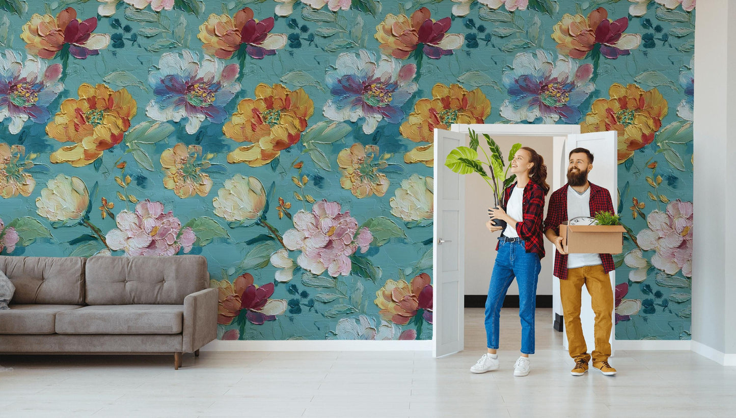 Textured Floral Wallpaper, Impasto Style Wall Mural, Turquoise and Pink Peel and Stick Art